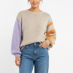 Easel NWT Beige Oversized Chunky Knit Colorful Sleeve Crewneck Sweater Sz S